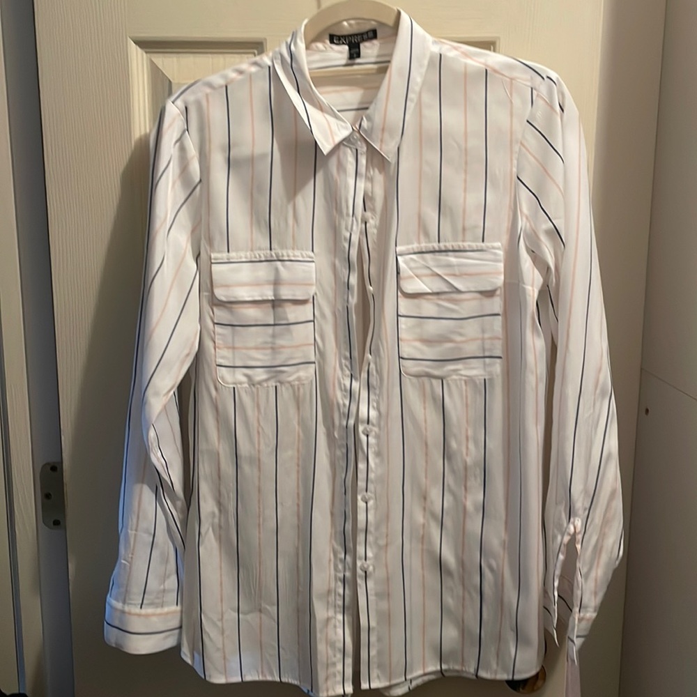 Express white, pink and blue striped blouse